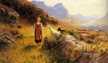 羊飼いとヤギのいるアルプスの風景 Oil Paintings